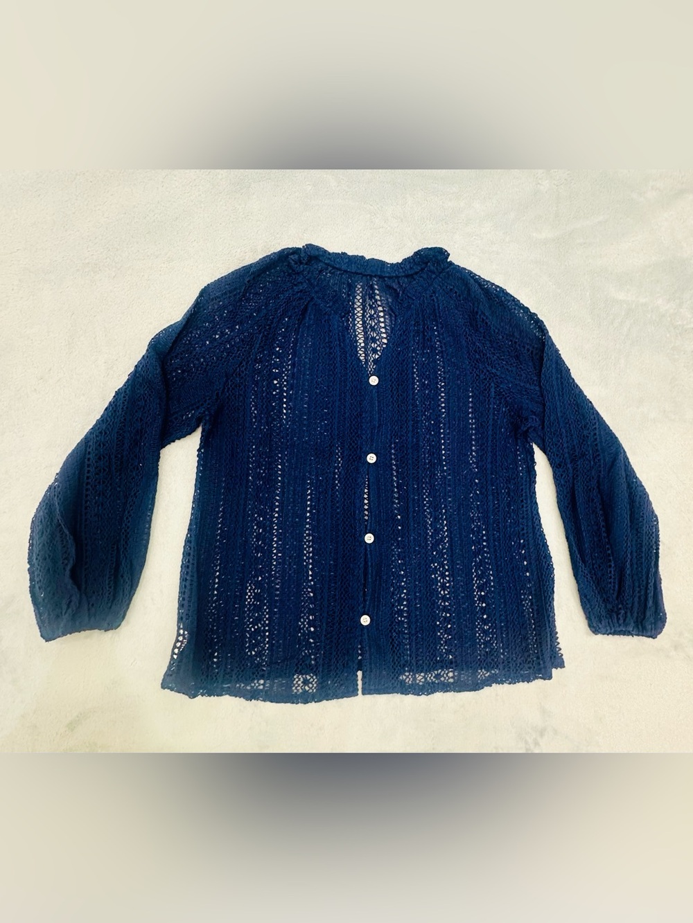 Navy Crochet Button-Front Sheer Blouse